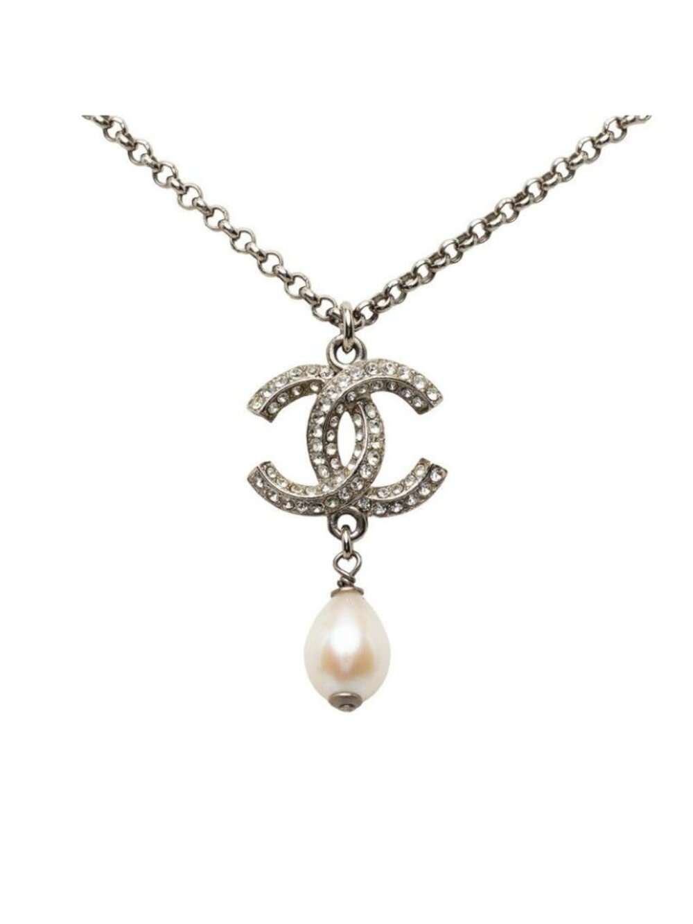 Chanel CC Logo Necklace Silver Metal Faux Pearl Rhinestone
